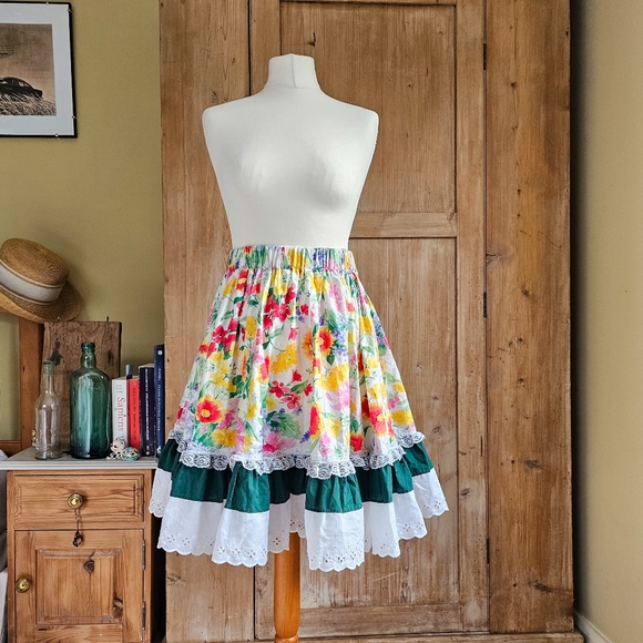Vintage Dresses & Skirts - Vintage 1950s flared ruffle lace circle skirt floral cottagecore Hippie folk